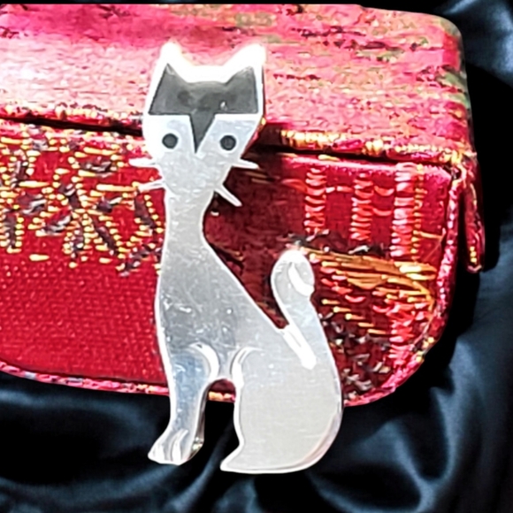 Super cute vintage sterling silver Taxco Mexico onyx cat brooch/pendant - Picture 3 of 7